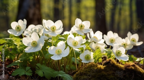 Photo of a cluster of white flowers blooming in a lush forest