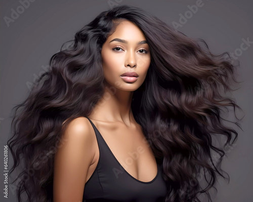 Portrait of a stunning black woman with long dark hair in a studio with a gray background. 