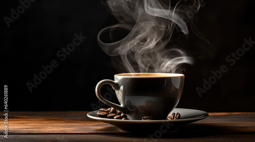 Steaming hot coffee on a wooden table. Dark background with copy space. Cozy home in cold times.