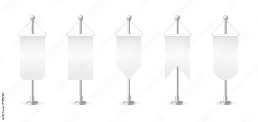 Realistic table flag isolated on white background. Roll up flags banner. White blank desk flag. Shiny metal stand. Mockup flags for promotion, advertising and decoration. Vector illustration
