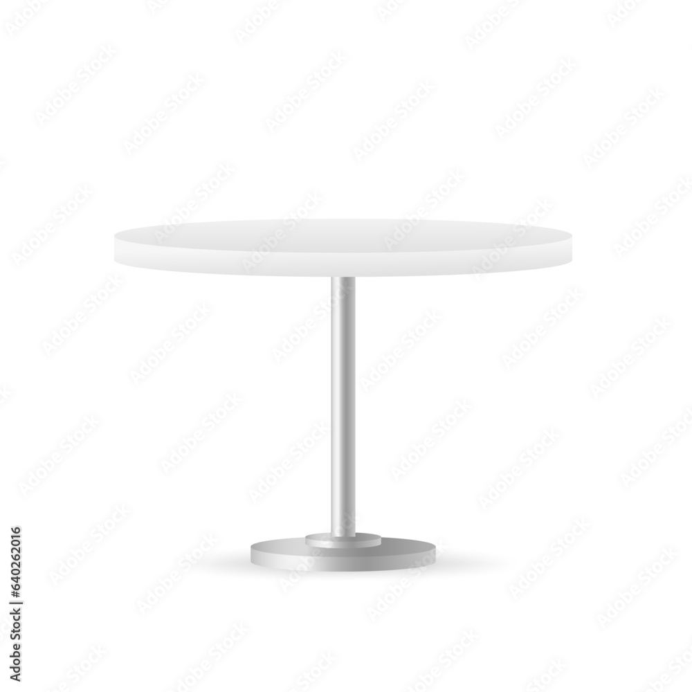 Realistic empty round table with metal stand isolated on white background. Club concept object. Table Interior Restaurant Empty Template Mockup for Business. Vector illustration Realistic empty round table with metal stand isolated on white background. Club concept object. Table Interior Restaurant Empty Template Mockup for Business. Vector illustration