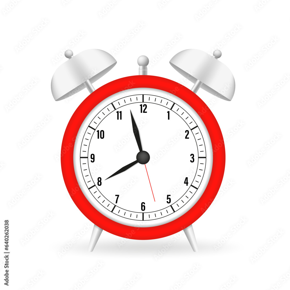 Realistic detailed 3d alarm clocks for morning wake up. Red table clock