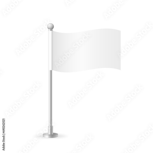 Realistic table flag isolated on white background. Vector table flag make. White blank desk flag. Shiny metal stand. Mockup flags for promotion, advertising and decoration. Vector illustration