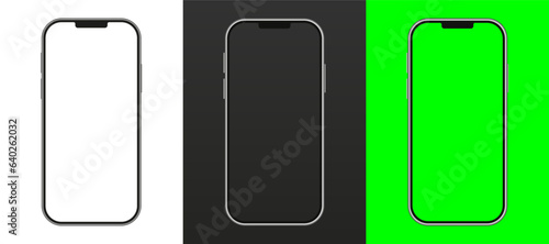Isolated blank mobile phone mockup. Silver phone on a dark background. Mockup with green chroma key screen. Silver telephone on a white background. Modern smartphone white mockup. Vector illustration