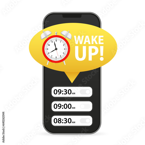 Alarm clock app on a mobile phone. Smart phone alarm clock. Wake up time setting. Alarm clock reminder on phone. Notice to wake up. Good morning. Vector illustration