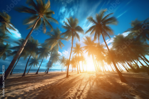 palm landscape sky island sunset ocean sunrise sea sun beach. Generative AI. © VICHIZH
