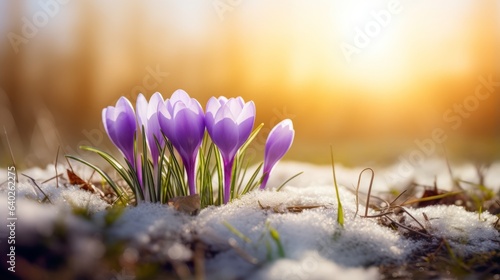 Photo of a beautiful arrangement of purple flowers contrasting against a snowy background