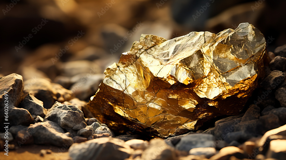 Gold nugget falling from a gold vein inside a mountain. Concept of prospecting, rare minerals and wealth. Gold nugget falling from a gold vein inside a mountain. Concept of prospecting, rare minerals and wealth.