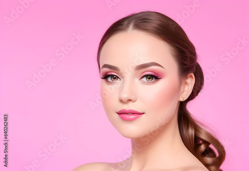 young cute pink girl, pink woman with pink dress and pink background