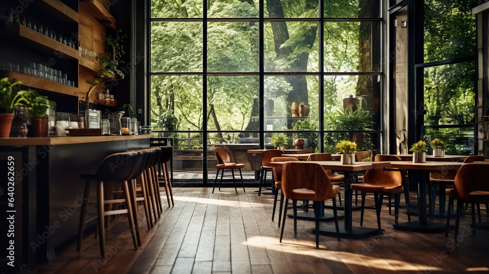 Cozy Café Vibes: Wooden Floor & Inviting Tables, generative Ai