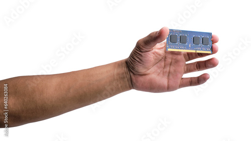 Hand-holding laptop component RAM isolated on a transparent background