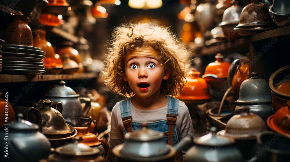 Captivating view of bewildered little girl against a surreal kitchen backdrop with floating utensils, bubbling pots and striking color contrasts.