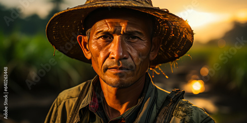 Captivating depiction of a hardworking Indonesian rice farmer at golden sunset, amid green terraced fields, capturing determination and tradition.