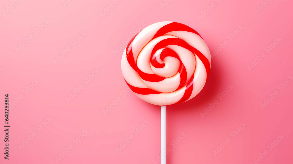 Red and white lollipop isolated on a pink background with editorial space. Red and white lollipop isolated on a pink background with editorial space.