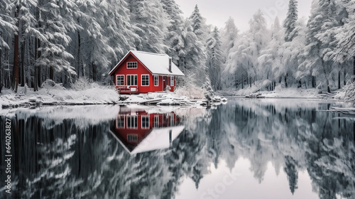 Wintertime Refuge: The Enchanting Red Cabin by the Reflective Forest Lake © Martin Studio