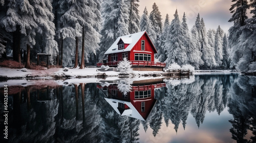 Reflections of Winter: A Quaint Red Cabin and Its Solitary Beauty on the Lake © Martin Studio