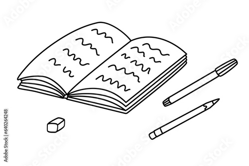 Student copybook or notebook with pen and pencil. Hand drawn vector doodle illustration, black outline.