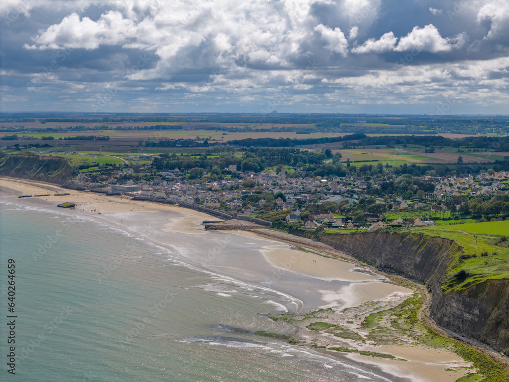 Aerial view of the town Arromanches les bains in Normandy, France. The town is known for the D-Day beaches.