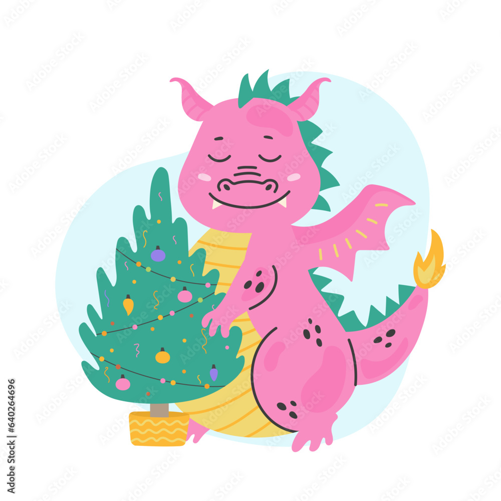 Fantasy cute dragon with christmas tree Fantasy cute dragon with christmas tree