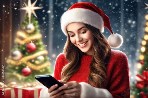Happy smiling Xmas beautiful female in Santa cap excited with good news about gift, looking at smartphone screen, reading, chatting online, celebrating Christmas holiday, New Year congratulations