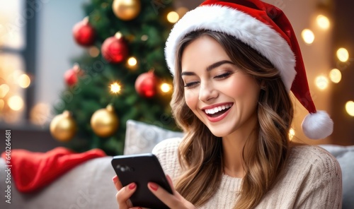 Happy overjoyed Xmas lady in Santa cap excited with good news about gift, looking at smartphone screen, reading text, chatting online, celebrating Christmas holiday, enjoying New Year congratulations