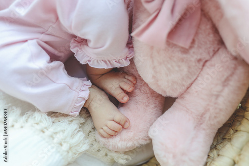 Cute newborn baby feet and pink plush toy