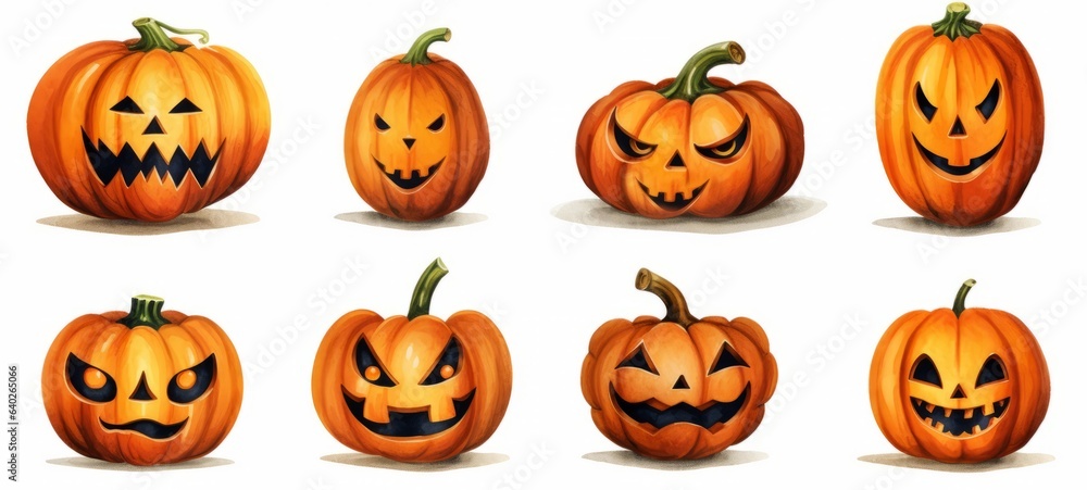 Happy Halloween holiday banner greeting card painting illustration - Group set collection of carved watercolor painted pumpkins, isolated on white background Happy Halloween holiday banner greeting card painting illustration - Group set collection of carved watercolor painted pumpkins, isolated on white background