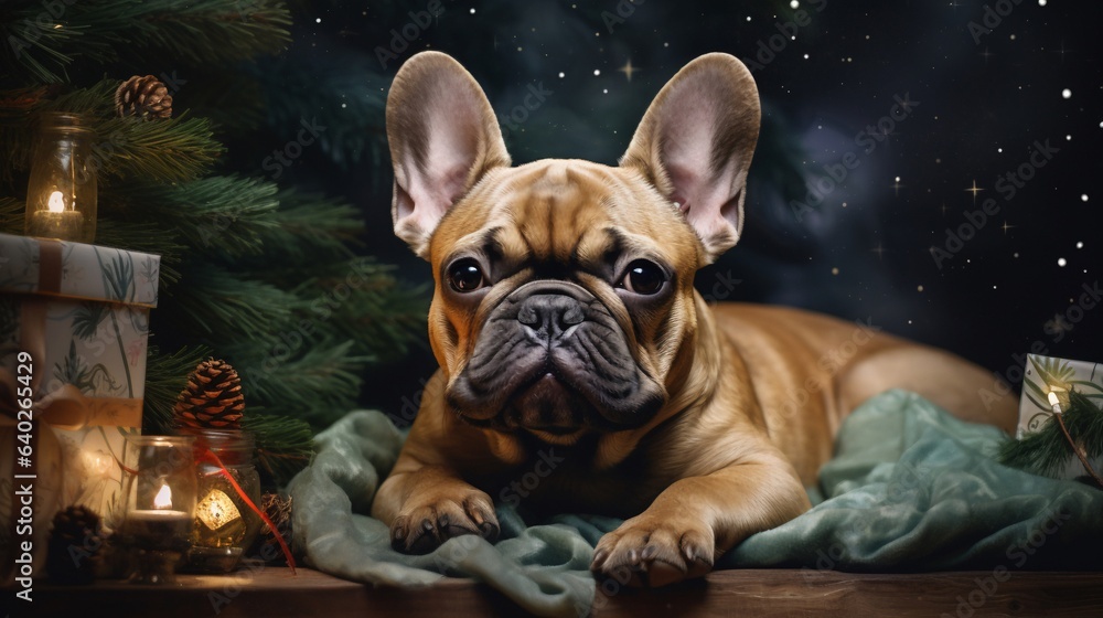 An French bulldog in Christmas night, Generative Ai