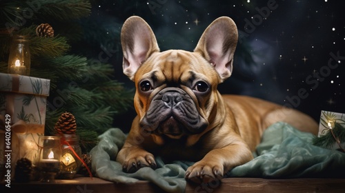 An French bulldog in Christmas night, Generative Ai © OMG Snap