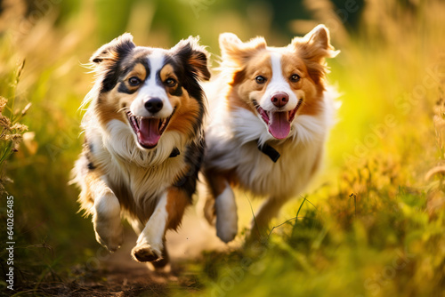 Two small happy dogs playing together outdoors 