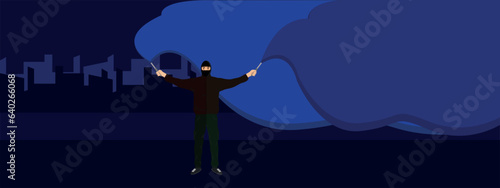 Illustration of a young guy with smoke bombs in his hands. Football fan. Ultras. Revolution. Riot. Protest.