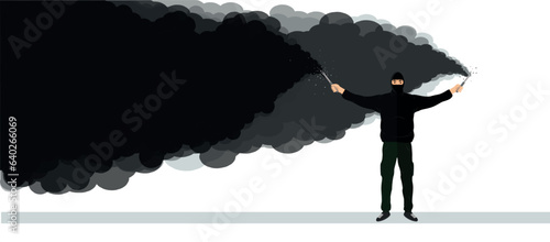 Illustration of a young guy with smoke bombs in his hands. Football fan. Ultras. Revolution. Riot. Protest.