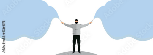 Illustration of a young guy with smoke bombs in his hands. Football fan. Ultras. Revolution. Riot. Protest.