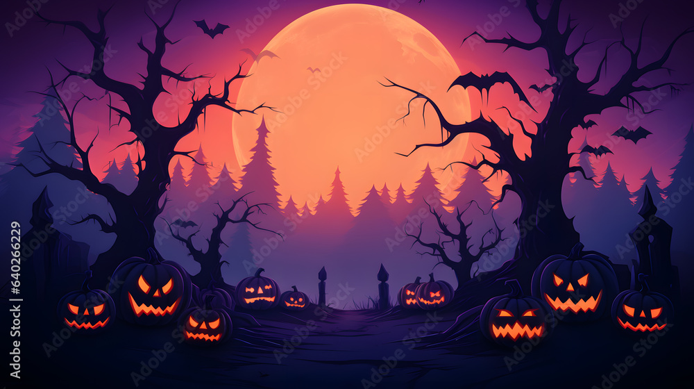 Halloween background with pumpkins, bats and trees. graphic illustration.
