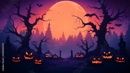 Halloween background with pumpkins, bats and trees. graphic illustration.