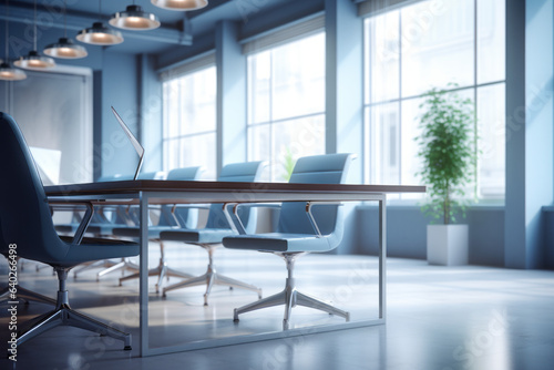 close-up of a table in a meeting room of modern office interior with panoramic windows and beautiful lighting