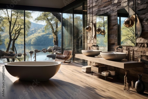 Interior photograph of modern minimalistic bathroom of big european villa with windows and wood floors © Fred