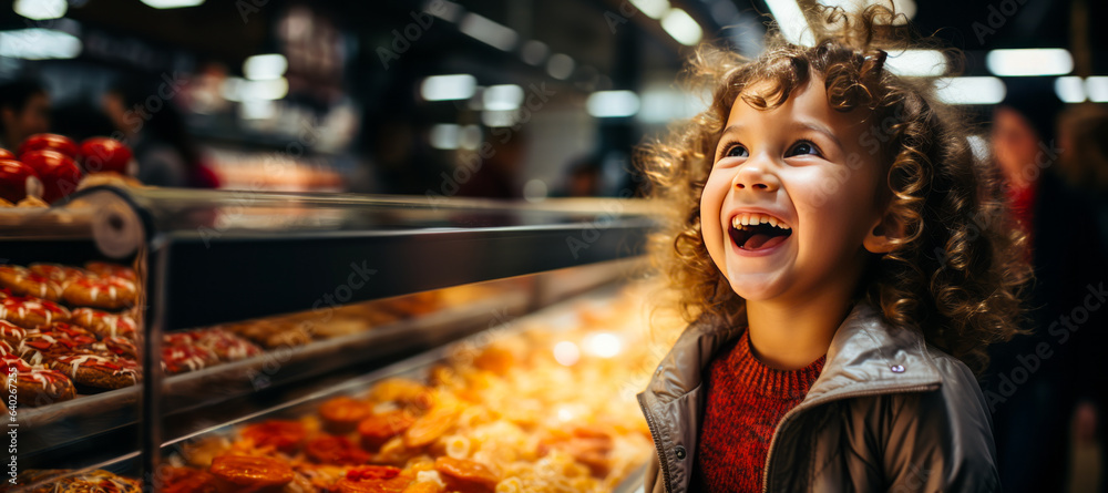Enchanting scene of an awestruck child, mouth agape with joy and wonder, against the backdrop of lit-up shop windows. Pure innocence and happiness captured.