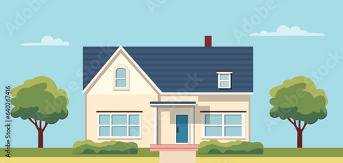 Exterior of the residential house, front view. Modern house on a street in summer in flat style. House for sale. Vector stock