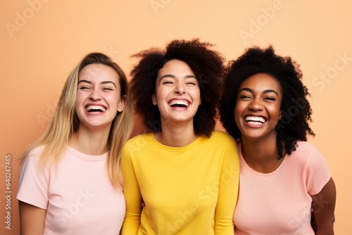 3 females having fun and laughing on plain background