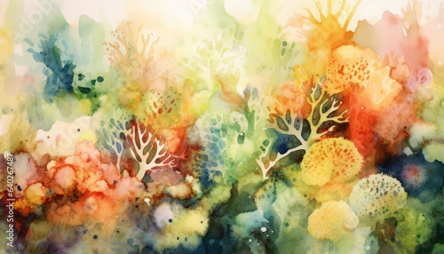Abstract watercolor painting splashes. Shapes like coral reef green  pink and yellow colors.