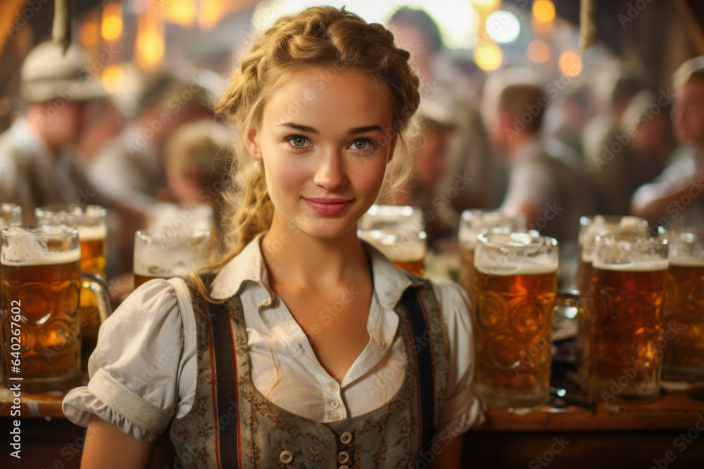 Waitress at a beer festival in authentic clothes. Oktoberfest concept. Portrait with selective focus