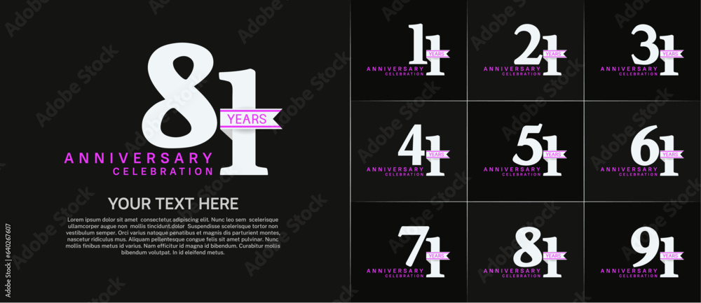set of anniversary logo with white number and ribbon can be use for celebration