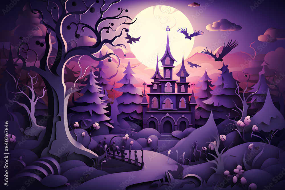 Halloween background with castle, graveyard and bats in purple background. Vector illustration.