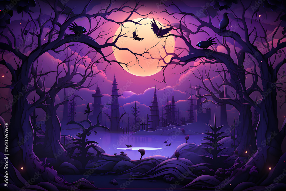 Halloween background with castle, graveyard and bats in purple background. Vector illustration.