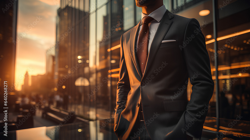 Businessman standing in front of a modern office building at sunset.