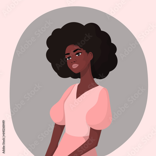 Dark-skinned slender girl with voluminous hair, full lips, big eyes in a pink dress