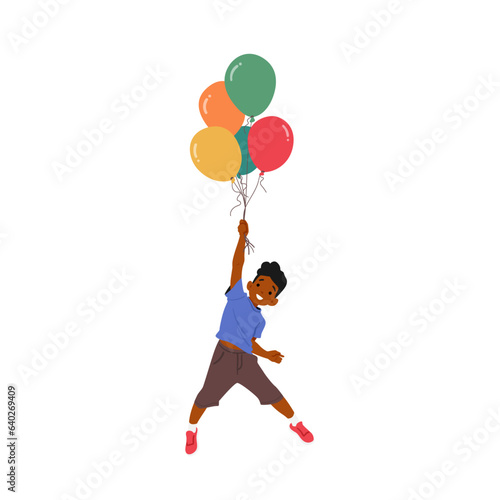 Joyful Kid Soars Through The Sky, Held Aloft By A Cluster Of Vibrant Balloons. Cartoon People Vector Illustration