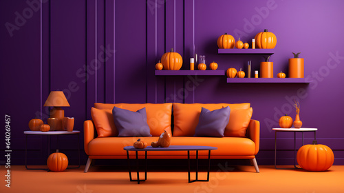 Interior of purple and orange living room with comfortable sofa and pumpkin decro. 3d rendering © wcirco