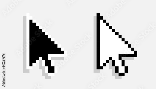 Pixel arrow mouse cursor black and white icon set. Clipart image isolated on white background
